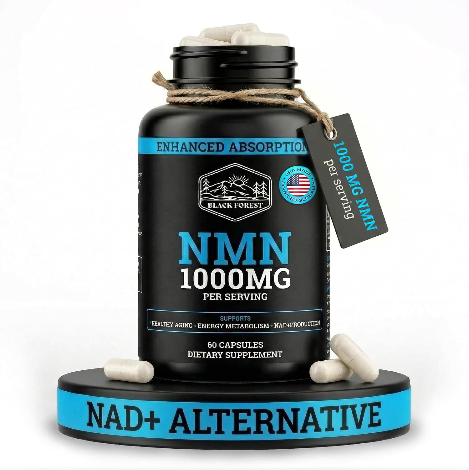 Black Forest NMN 1000mg — 99% Pure Stabilized with BioPerine (60 Capsules)
